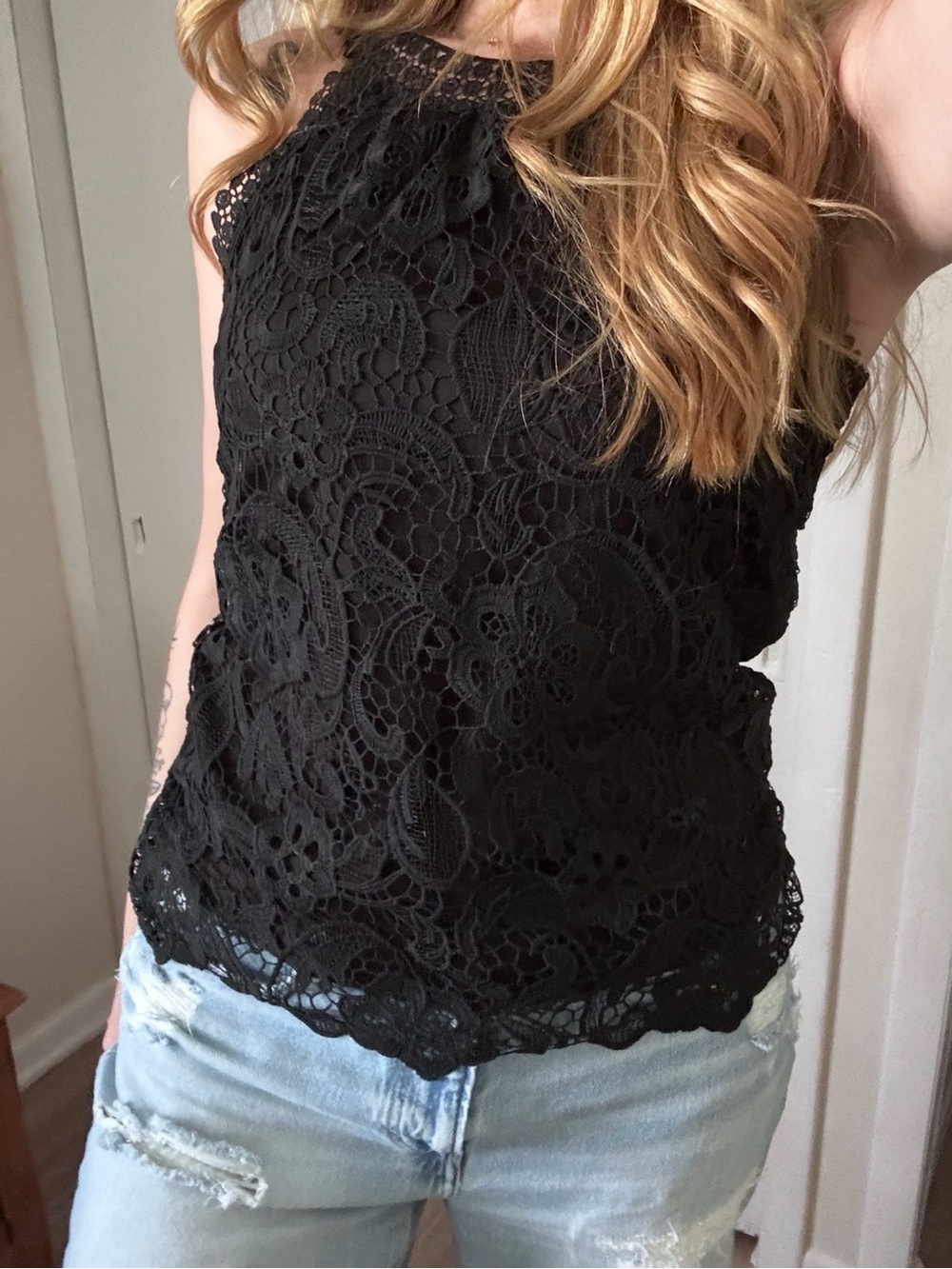 Black lace lined halter top blouse casual crochet formal medium sleeveless